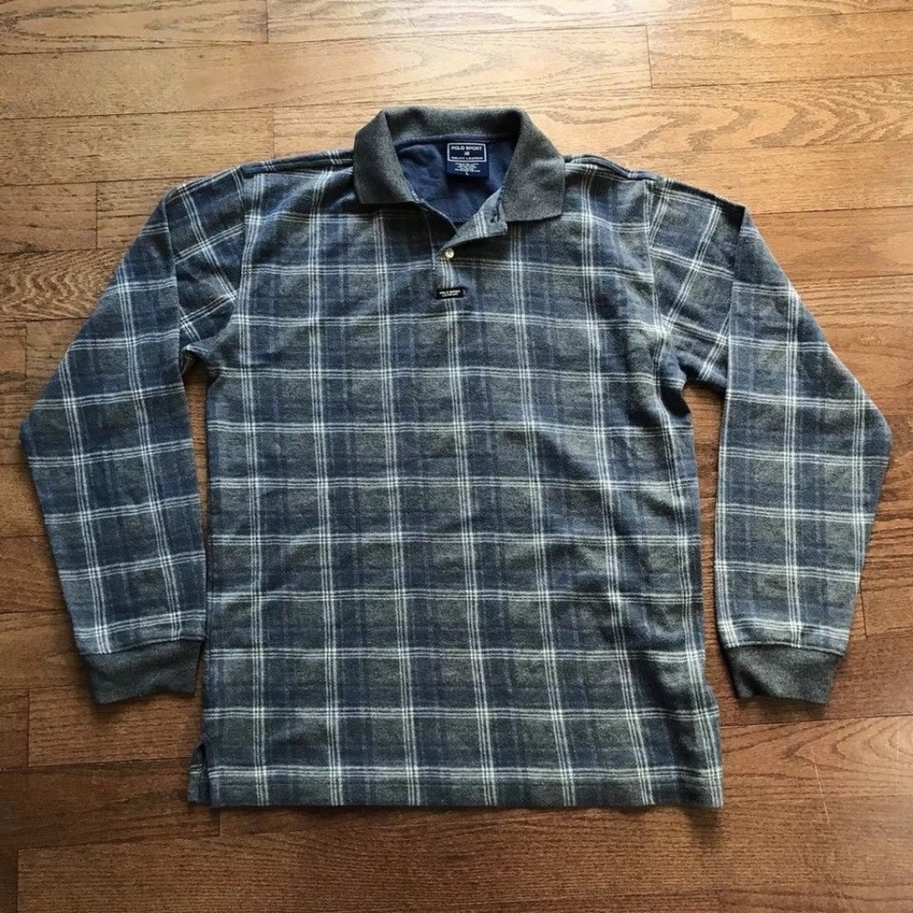 Polo Sport Large Plaid Gray Blue White Polo Shirt
